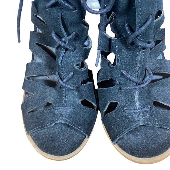 Mia Black Suede Caged Open Toe Lace Up Ankle Heels Women Sz 7 - Picture 11 of 12